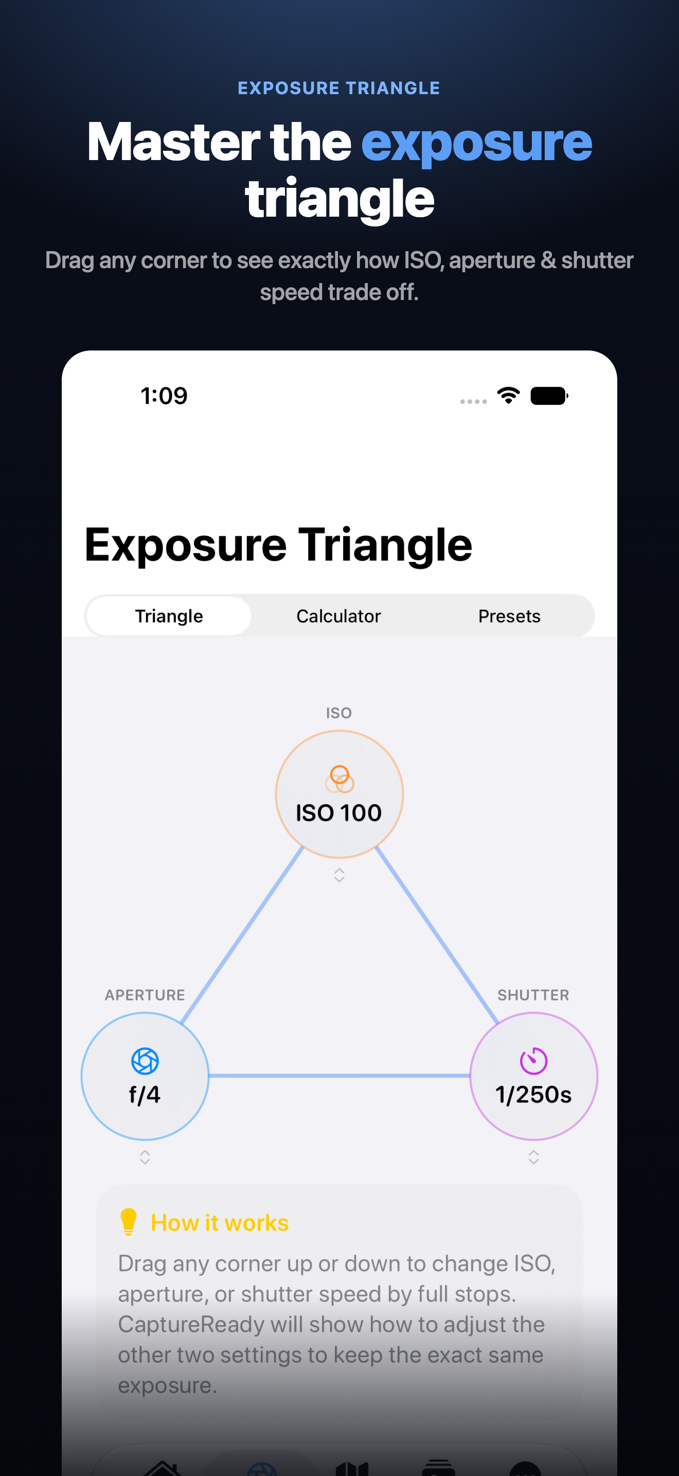CaptureReady Exposure Triangle screen